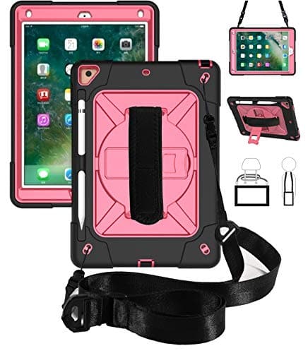 QYiD Tablet Case for New iPad 9.7 / 6th / 5th Generation Rugged Protective Cover with Stand, Pen Slot, Hand Strap & Shoulder Strap for Apple iPad 9.7 (2018) / Apple iPad 9.7 (2017) (Black+Rosered)