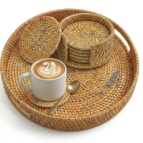 LXZNRQU Round Rattan Serving Tray & 6 Coasters Set with Holder - 11.8" Handwoven Natural Wicker Ottoman Tray with Handles - Decorative Boho Farmhouse Coffee Table Tray for Living Room Home Décor