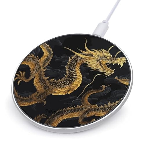 Yellow Dragon Black Background Wireless Charger 10W Fast Charging Pad Anti-Slip Qi Certified Wireless Charging Pad Charging Station Portable Phone Charger for All Wireless Charging Smartphone