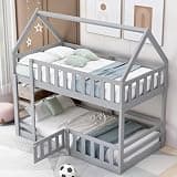 Harper & Bright Designs House Bunk Bed with Door and Fence, Floor Bunk Bed Twin Over Twin with Ladder for Kids, Gray