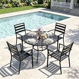 VINGLI 5 Pieces Outdoor Dining Set for 4, Round Patio Table and Chairs with Umbrella Hole, All-Weather Iron Patio Dining Furniture Set for Garden Balcony Deck