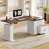 Homiflex 75.5'' Electric Standing Desk with Drawers, Farmhouse Height Adjustable Corner Desk, Sit Stand Office Desk with 4 AC Outlets & Type C Port, Executive Computer Desk, Brown & White