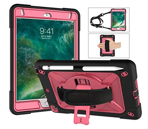 QYiD Tablet Case for iPad Mini 5 / 5th / 4th Generation Rugged Protective Cover with Pen Slot, Hand Strap & Shoulder Strap for Apple iPad Mini (2019) 7.9" / Apple iPad Mini 4 (2015) (Black+Rosered)