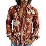 Ctreela Mens 70s Floral Dress Shirt Long Sleeve Print Casual Button Down Shirts Hipster Disco Retro Hippie Flower Shirts