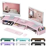 gianotter Dual Monitor Stand Riser, Desk Organizer With Drawer and 2 Pen Holders,Desk Organizers and Accessories, Pink Office Supplies (Pink)