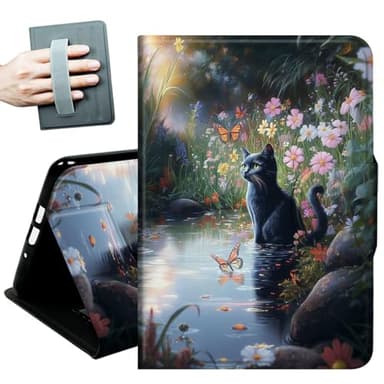 Case for iPad 9.7 Inch iPad 6th/5th Generation 2018 2017(Model: A1893 A1954 A1822 A1823),with Hand Straps and Auto Wake/Sleep Leather Multiple Angles Stand Smart Cover,Cat Butterfly Flowers