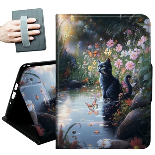 Case for iPad 9.7 Inch iPad 6th/5th Generation 2018 2017(Model: A1893 A1954 A1822 A1823),with Hand Straps and Auto Wake/Sleep Leather Multiple Angles Stand Smart Cover,Cat Butterfly Flowers