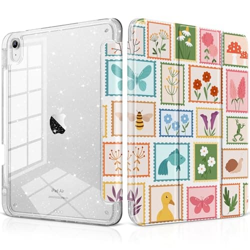 MEEgoodo Case for iPad Air 13 inch 2026(M4) / 2025(M3) / 2024(M2), Glitter Tablet Cases with Transparent Acrylic Back+Trifold Stand +Pencil Holder+Auto Wake/Sleep,Post Stamps with Natura