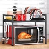 PUSDON Expandable Microwave Oven Rack, 2-Tier Countertop Baker's Rack Style Shelf, Heavy Duty Carbon Steel Stand with 3 Hooks, 160lbs Weight Capacity for Kitchen Organization, Matte Black