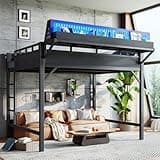 SNMOFI Queen Size Loft Bed with LED & USB Ports and Storage Shelves, Metal Heavy-Duty Loft Bunk Bed with Pegboard and Ladder, Space Saving, No Box Spring Needed, Adults Boys Girls (Black)