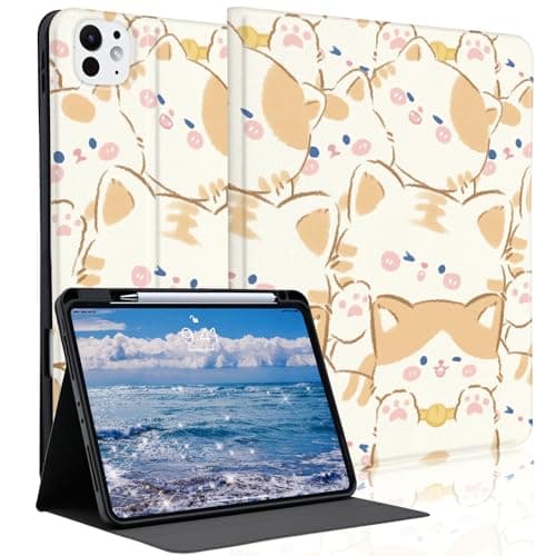 Idocolors Cute Orange Cat Case for 13" iPad Air M3 2025/M2 2024 with Pencil Holder, Auto Wake/Sleep Leather Soft TPU Back Cover for Women Girls