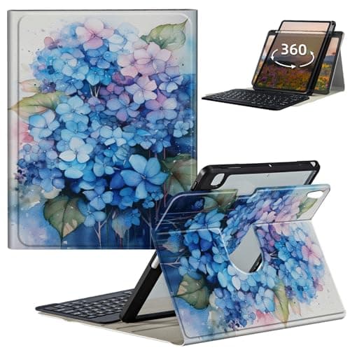 GFRGTFHYT for iPad Air 3 10.5" 2019 Keyboard Case for iPad Pro 10.5 inch 2017 with 360 Degree Rotating Slim Stand Smart Cover with Detachable Wireless Keyboard & Pencil Holder, Blue Hydrangea Flowers