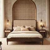 NTC Ariston Queen Platform Bed with Handwoven Natural Rattan Headboard – Walnut Veneer, Solid American Walnut Legs, Relaxed Luxury Design, Silent Slats, Effortless Assembly, Queen – Dark Walnut
