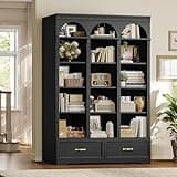 UPOSOJA 73.3" H Triple Wide Bookshelf with 2 Drawers, 6 Tier Tall Bookcase with Storage, Large Bookcase with 5 Adjustable Shelves, Wood Bookshelves and Bookcases for Home Office (Black)