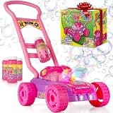 Hoopi Extreme Bubbles Lawn Mower for Toddlers, Spill-Proof Kids Bubble Machine with Lights for 2-Year-Old Girl Birthday Gift, Easter Gifts for Toddlers, Bubble Blowing Push Outdoor Toy with 3 Bottles