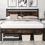 Easy Install 16 Inch Queen Size Bed Frame,Metal Platform Bed Frame with Wooden Headboard and Footboard,Mattress Foundation,Large Under Bed Storage,No Box Spring Needed,Non-Slip Without Noise,Brown