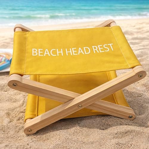 Beach Headrest Yellow, Aesthetic Beach Pillow & Head Hammock for Sand, Foldable Portable Neck Support for Sunbathing & Reading, Lightweight Organic Linen & Pine Wood Summer Beach Gear