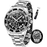 OLEVS Watch Men Luxury Black Face Silver Stainless Steel Dress Wrist Waterproof Quartz Analog Watches for Men Nice Fashion Chronograph Moon Phase Luminous Large Face Mens Watches Relojes para Hombres