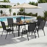 PATIOPIA 7-Piece Outdoor Dining Set, All Weather Patio Table and Chairs Set with Umbrella Hole for 6, Rectangular Steel Slat Table and 6 Textilene Chairs for Garden, Backyard, Poolside and Deck, Black