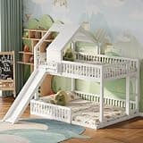 Bellemave Bunk Bed Full XL Over Queen with Rail and Slide, House bunk Bed with Bookshelf for Kids, Floor Bunk beds with Fence, White