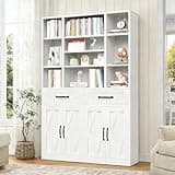 BLUECC Bookcase 47.2"*11.8"*70.9", White Metal Drawers & Adjustable Open Shelves Bookshelf with Doors