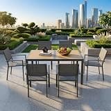 Elountik 7-Piece Patio Dining Set, 6-Seat All-Weather Aluminum Table & Textilene Chairs, Grey Outdoor Furniture for Garden, Porch, Pool
