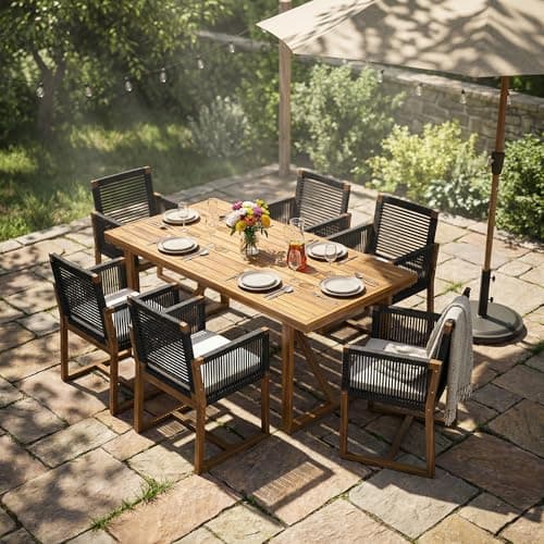 Christopher Knight Home 7-Piece Outdoor Dining Set, 67" Acacia Wood Patio Dining Table with 6 Rope Armchairs Cushioned Seating for Backyard Garden Poolside, Black Chairs