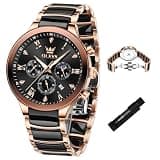 OLEVS Mens Ceramic Watch Gold Luxury Chronograph Quartz Wristwatches Waterproof Luminous Date Big Dial Business Dress Moon Phase Watch for Men Black Ceramic Stainless Steel Band