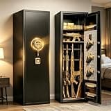 Fingerprint Gun Safe for Rifles and Pistols No Assembly Required,14"W x 58"H Adjustable Gun Cabinet for Home,12-15 Gun Safes for Rifle and Password Lock,Black