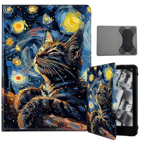 NLZQTTBD Universal Case for 6-7 Inch Tablet eReader - Premium PU Leather Cover,Compatibility 6",6.8",7" Case for Kindle/Kobo/Nook/Tolino/Pocket Book E-Book Tablet - Cute Cat Starry Sky