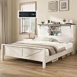 AMERLIFE Farmhouse Queen Bed Frame, Rustic Wood Platform Bed w/Barn Door Storage Bookcase Headboard & Charging Station, Bedroom Furniture, No Box Spring Needed, Antique White