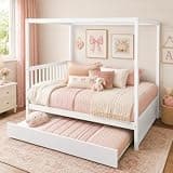 NAFORT Full Size Canopy Bed with Trundle, Solid Wood Daybed Frame for Kids and Teens, Heavy-Duty 600 lbs Support, Space-Saving Guest Bed for Bedroom or Apartment, No Box Spring Needed, White