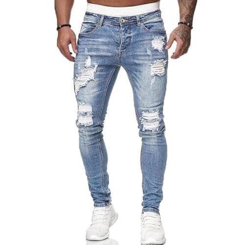 YCHUNHUI Men's Ripped Slim Fit Jeans Stretch Destroyed Holes Skinny Jeans Distressed Tapered Jean Pants Trousers (Light Blue,Large)