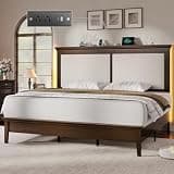 Lifezone King Bed Frame with Headboard, Solid Wood Bed Frame King Size with Charging Station & RGB LED, Wood Slats Support, Noise-Free, Sturdy Structure, Easy Assembly, Walnut