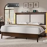 Lifezone King Bed Frame with Headboard, Solid Wood Bed Frame King Size with Charging Station & RGB LED, Wood Slats Support, Noise-Free, Sturdy Structure, Easy Assembly, Walnut