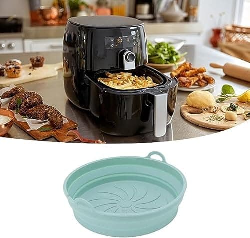 Besillia 1 Pcs Silicone Air Fryer Liners, Collapsible Silicone Liners for Air Fryer Basket,Reusable Silicone Pot Baking Tray Oven Accessories Easy Cleaning Heat Resistant -Top 8.2In Bottom 7In.SkyBlue