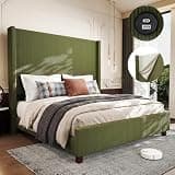 King Size Corduroy Upholstered Bed Frame with 65" Tall Headboard,USB Charging Station,Soft Washable Corduroy Cover with Wingback Headboard, Solid Wood Legs/Noise-Free/No Box Spring Needed/Green
