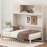 Merax Queen Size Murphy Bed with Storage Cabinets, Rustic Solid Wood Wall Bed with 3 Cabinet Shelves, Space Saving Foldable Bed Frame for Studio Apartment, Guest Room, Home Office, Beige