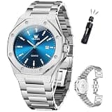 OLEVS Watch Men Luxury Silver Stainless Steel Dress Blue Face Waterproof Quartz Analog Watches for Men Large Octagonal Dial Luminous Minimalis Mens Watch Relojes para Hombres