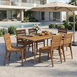 QVUUOU 7 Piece Outdoor Acacia Wood Dining Set, Teak Finish Patio Table with 6 Slatted Back Chairs, Weather Resistant Solid Wood Furniture for Garden