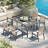 Aoxun 7-Piece Patio Table and Chairs Set for 6 with Umbrella Hole, Outdoor Dining Set with 6 Wicker Chairs and 1 Rectangular Metal Table, Patio Dining Sets with Soft Cushion for Backyard, Garden