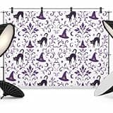 Purple Floral Halloween Backdrop 12x8ft Horror Black Cats Photography Backdrop Fabric Photoshoot Background Polyester Tapestry Banner for Birthday Baby Shower Decoration Party Video Photo Studio Props