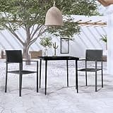 KLGBNCVE 3 Piece Patio Dining Set Black, Powder-Coated Steel Frame Garden Dining Set with Glass Tabletop and Plastic Chairs in Rattan Look Design for Balcony Patio