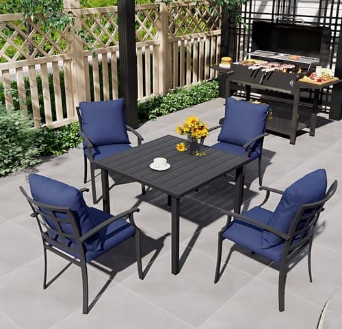 LUXIJOY Outdoor Patio Dining Set for 4, Outdoor Dining Set with 4 Armchairs,Square Table with Umbrella Hole, Stackable Chairs with Removable Cushions for Porch Pool Garden, Navy