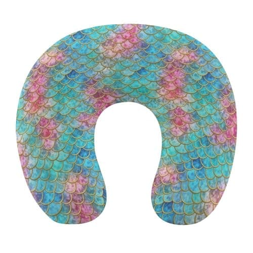 Soft Polyester Compact Neck Pillow, Charming Pastel Mermaid Scale U-Shaped, Cervical Support for Home Car Travel Sleep, Machine Washable Comfort Design