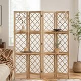 JOSTYLE Japanese Room Divider with Shelves, Shoji Screen Diamond Lattice Design, 4-Panel Lightweight Wooden Privacy Partition with Storage Board, 67" H x 64" W
