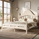 HZSMHDZKJ Full Size Solid Wood Platform Bed Frame with Chic Curved Headboard and Slatted Support for Bedroom, Guest Room or Dorm, Low to Ground Design, No Box Spring Needed (Beige-01, Full)