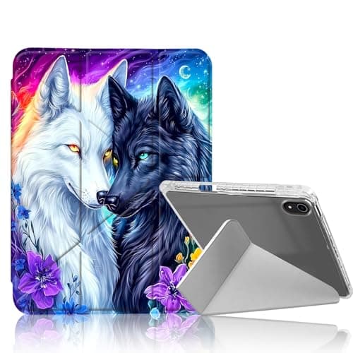 DISUOFEART for iPad mini 7 A17 Pro 2024/ iPad mini 6 2021 Case, White and Black Wolf Flower Slim Clear Case with Pencil Holder, Y-Shaped Stand & Auto Sleep/Wake Protective Cover