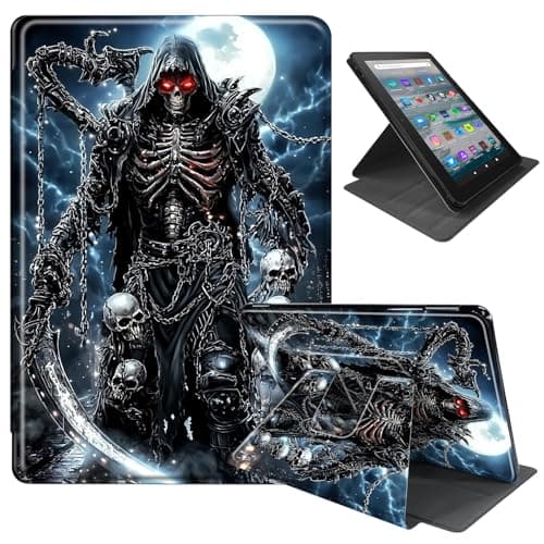 DEGDFSGR for Amazon Kindle Fire Max 11 Case (13th Gen, 2023 Release) 11", Soft TPU Buffer PU Leather Cover, Auto Wake/Sleep 360° Swivel Stand for Fire Max 11 Tablet Case, A Grim Reaper with Red Eyes