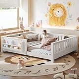 Bellemave Full Size Floor Bed with Slats and Guardrails, Full Size Montessori Floor Bed with Bookcase and Fence, Low Profile Montessori Beds for Kids, White Floor Beds Frame